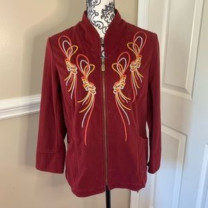 Bob Mackie, Jacket Womens, Stretch Denim, red  Embroidered Zip-up, size XS